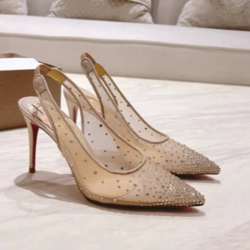 Leather Work Heels - Mesh Rhinestone Rear Empty Stiletto Women's