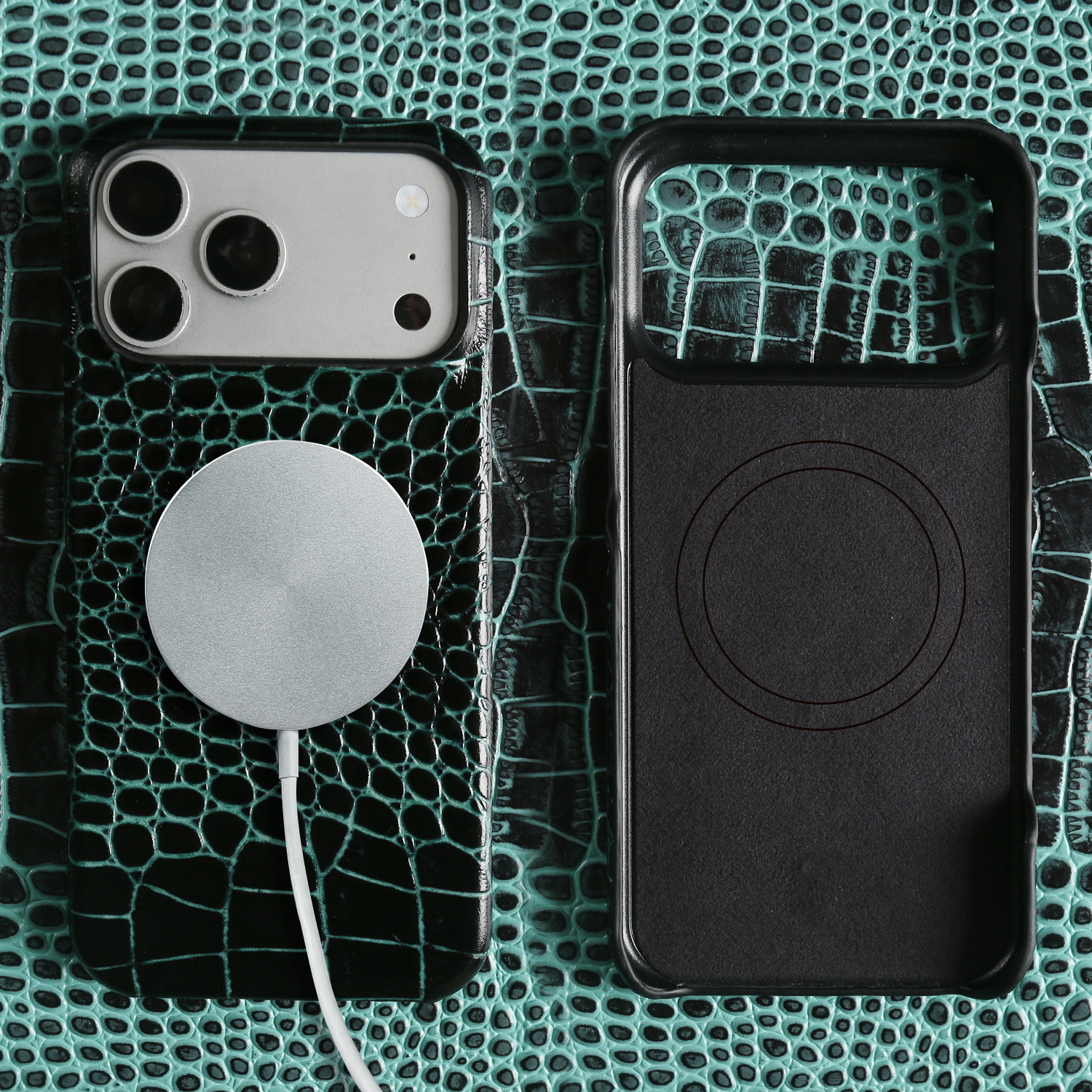 Leatherwork Drawing - Genuine Leather Magnetic Wireless Case Crocodile