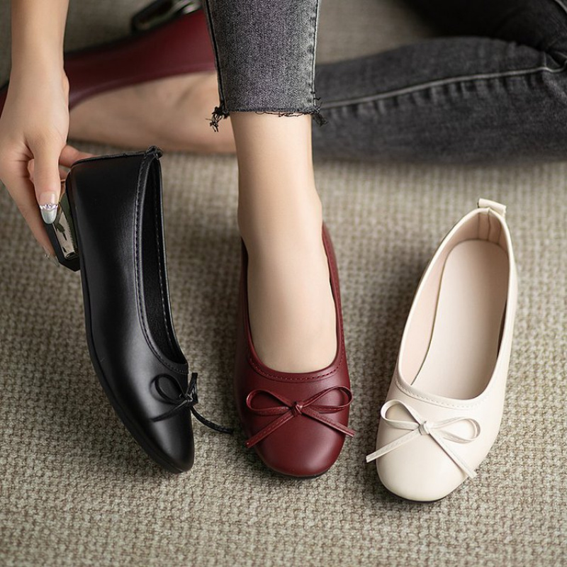 Leather Work Heels - Elegant Bowknot Flat Shoes for Women,