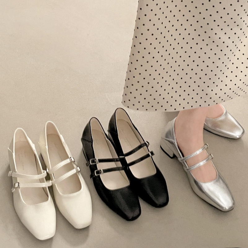 Leather Work Heels - Square Toe Low Heel Women Silvery
